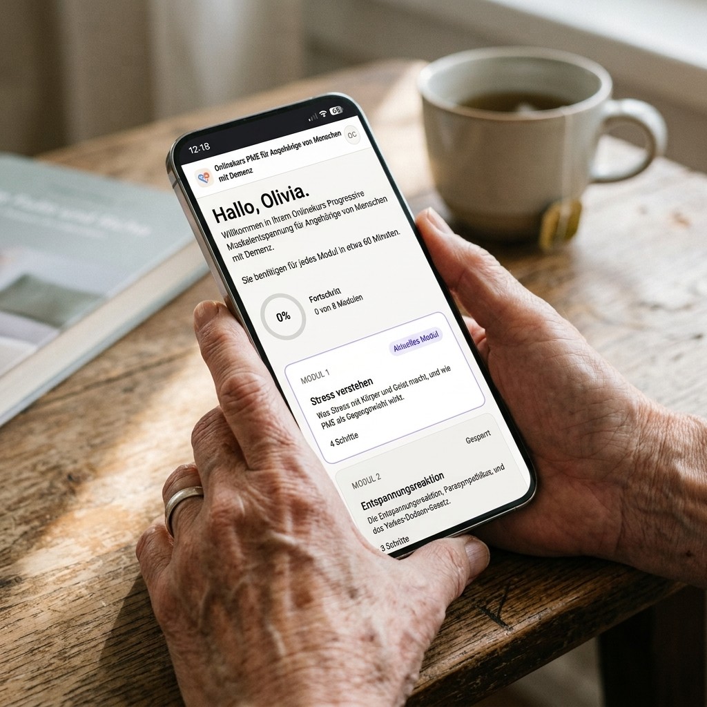 Hände halten ein Smartphone mit dem Onlinekurs Progressive Muskelentspannung