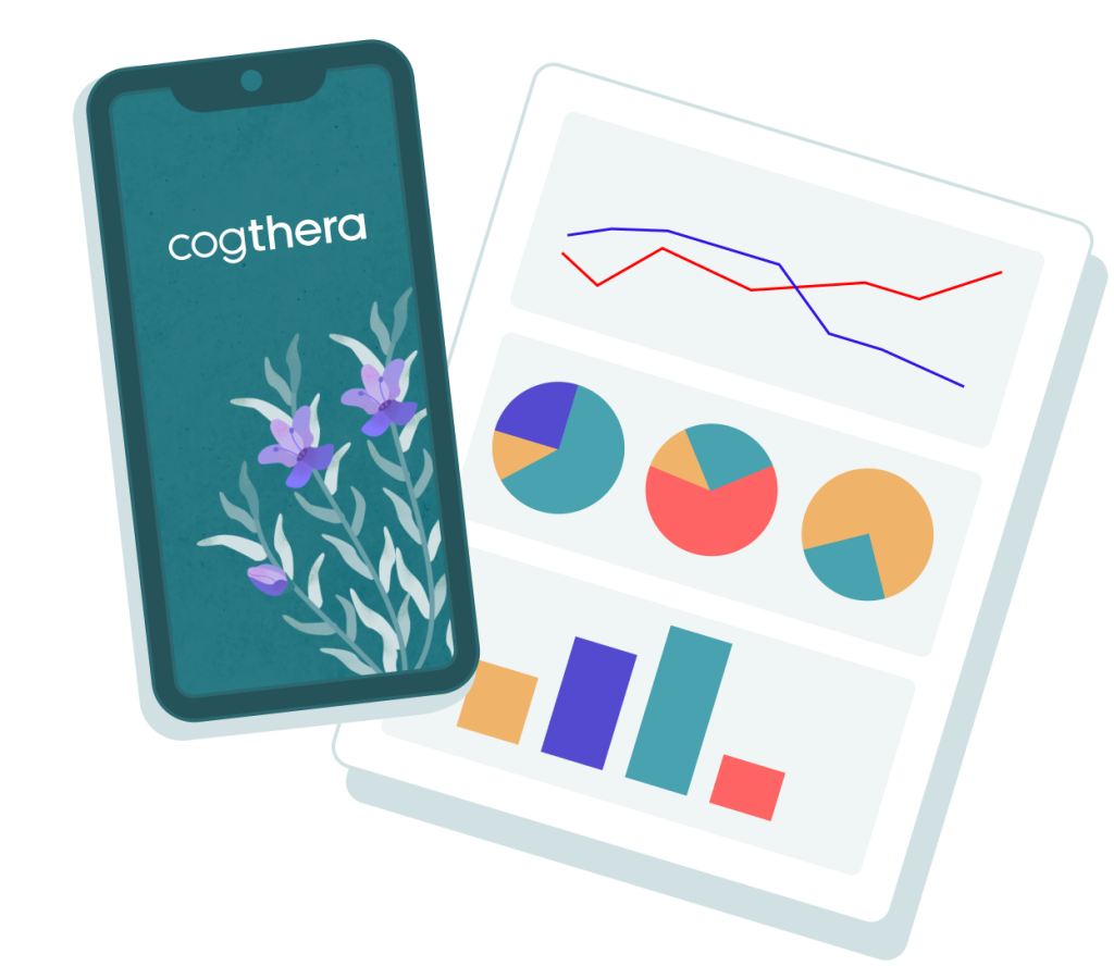 Cogthera App neben Studienergebnissen mit Diagrammen