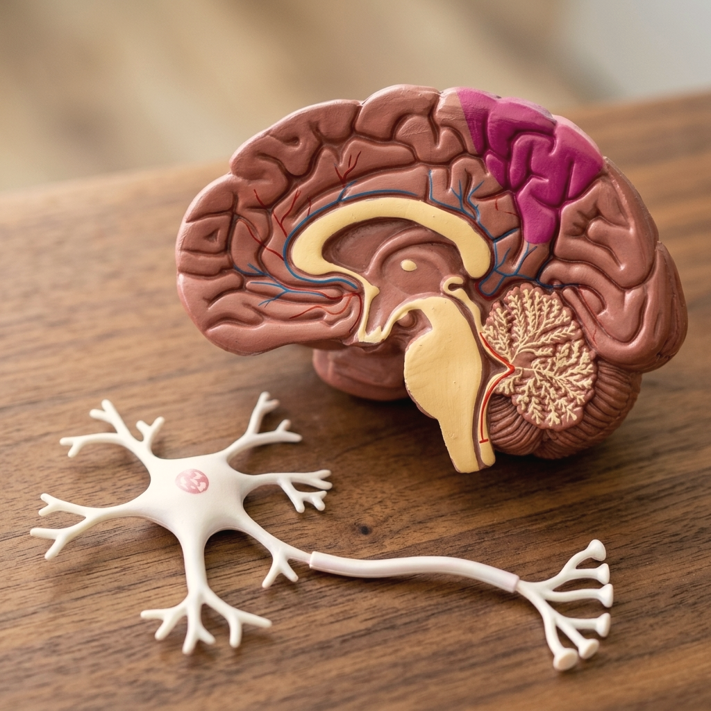 Anatomisches Gehirnmodell im Querschnitt neben einem Neuron-Modell
