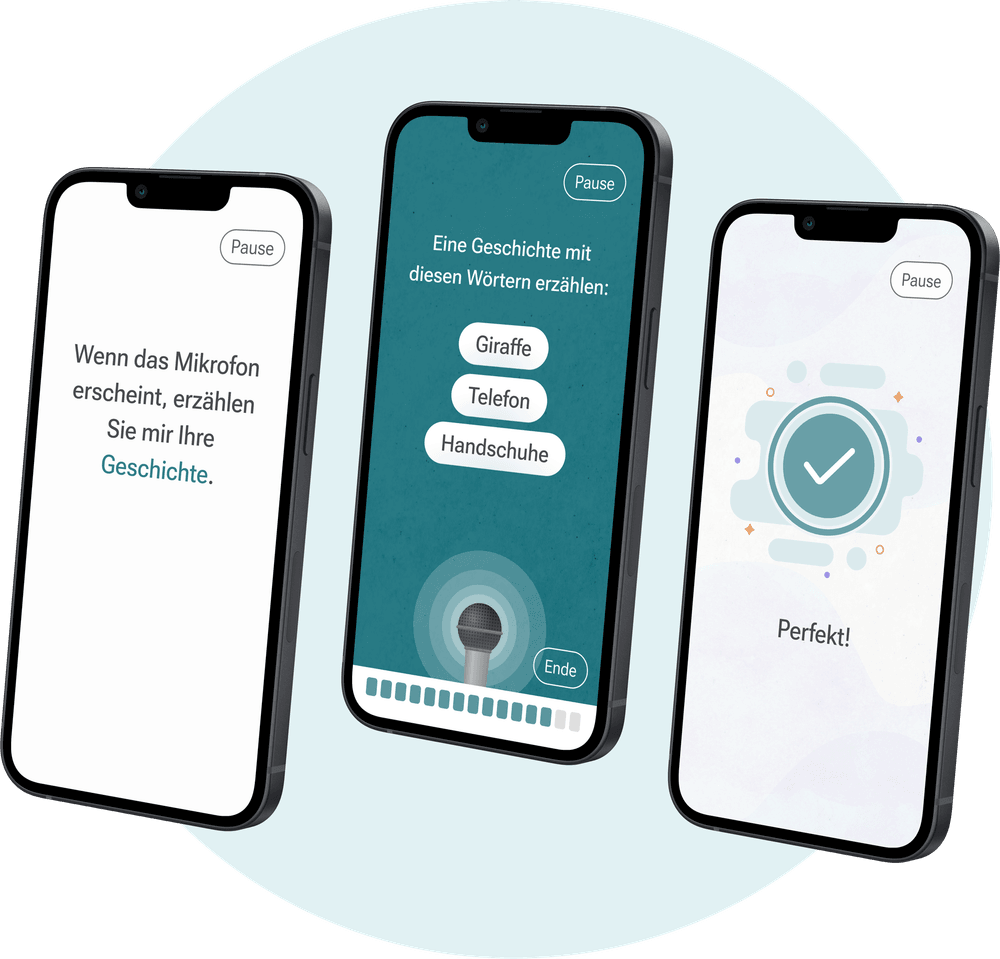 Cogthera App-Screens: Geschichte erzählen und Bestätigung „Perfekt!“