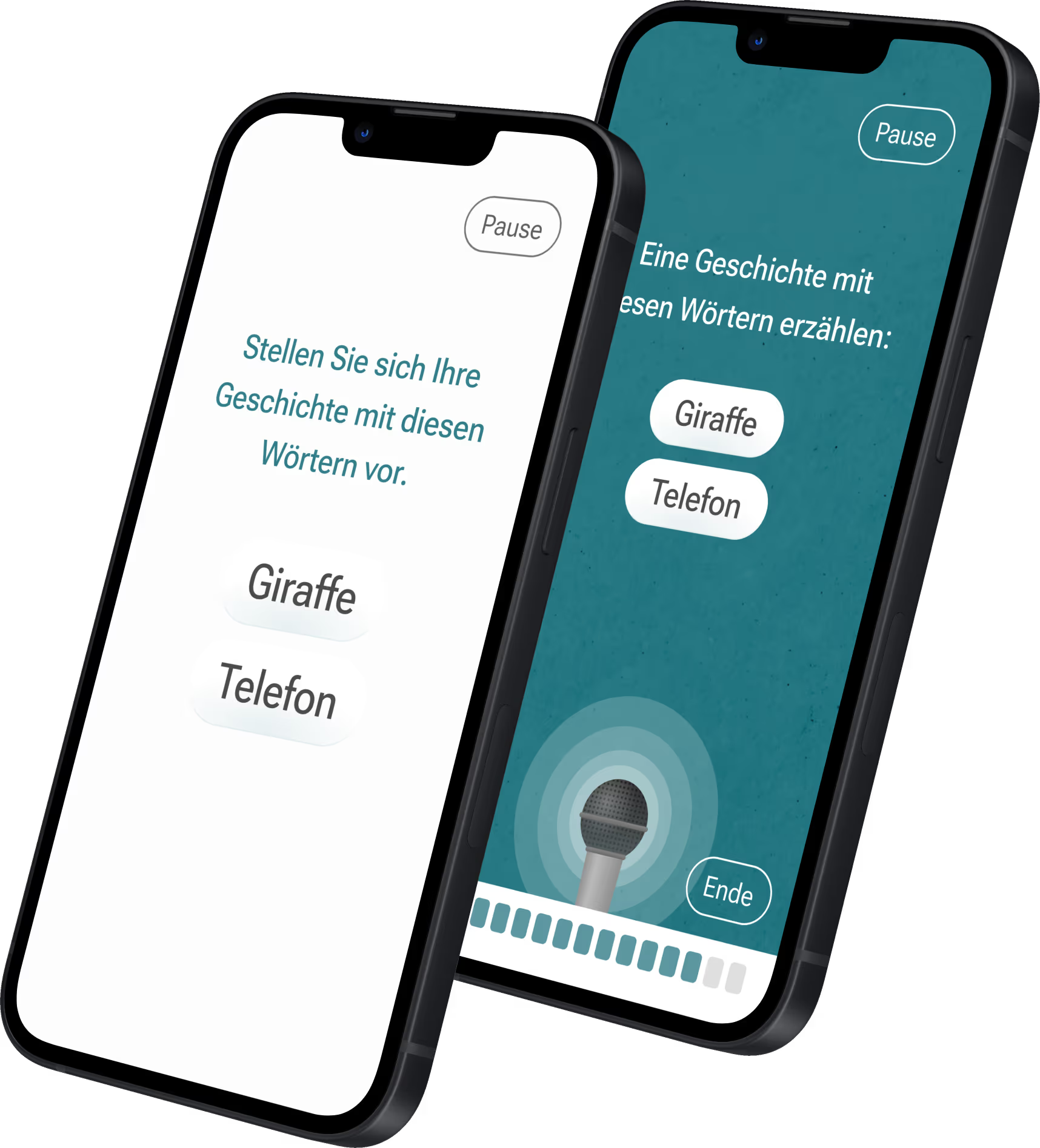 Cogthera App-Screens: Geschichte mit den Wörtern Giraffe und Telefon erzählen