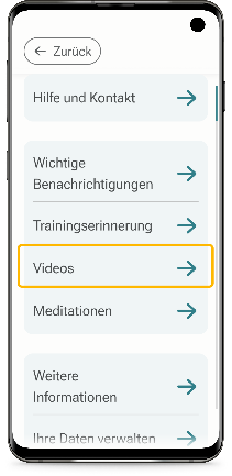 Einstellungsmenü der Cogthera App mit hervorgehobenem Eintrag „Videos"