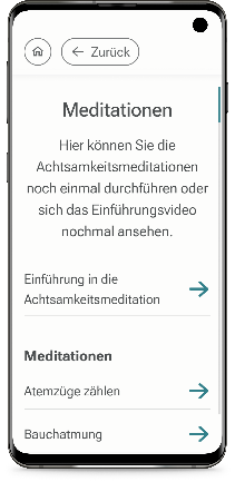 Meditations-Übersicht der Cogthera App mit „Einführung in die Achtsamkeitsmeditation" und der Liste der Meditationen