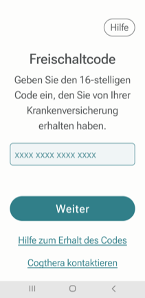 Eingabemaske der Cogthera App für den 16-stelligen Freischaltcode